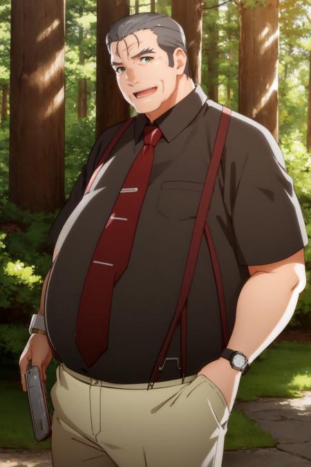 1boy, fat, plump, old, black shirt, white pants, suspenders, red necktie, wristwatch, grey hair, hair slicked back, green eyes ooishikuraudo