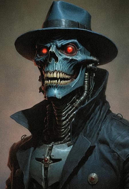 DnD_Grainyboyz, grainy, noise, Dark artwork of a human like robot, giant jaw, cold blue metal, big round glowing red eyes, wearing black fedora and detective coat