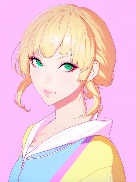 1girl, aqua eyes, baseball cap, blonde hair, closed mouth, earrings, green background, hat, hoop earrings, jewelry, looking at viewer, shirt, short hair, simple background, solo, upper body, yellow shirt,, pixiv, anime, masterpiece, best quality, by ilya kuvshinov, detailed lips