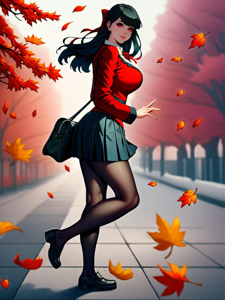 core_9, score_8, score_7,solo,Yooheewaifu, solo, standing, realistic,long hair, skirt, large breasts, ribbon, school uniform, wind,  close up, curvy legs, look at viewer, red eyes, red jacket, outside, autumn  park,  pantyhose, pleated skirt, shoes, bag, from side, black pantyhose, blazer, <lora:Yoohee_character:1> ,<lora:HandFixer_pdxl_Incrs_v1:0.5>, <lora:add-detail-xl:1>