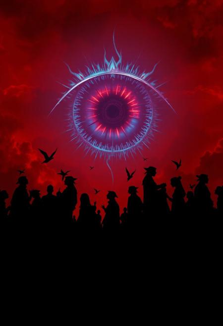 "In a canvas of deep, blood-red twilight, a coterie of shadowy silhouettes floated upwards, their dark, amorphous forms suspended in mid-air like specters, their faces tilted upwards in rapt attention towards a glowing, ethereal eye that gazed down from the heavens. The eye, a burning, sapphire-blue orb, pulsed with an otherworldly energy, its gaze drawing the shadowy figures upwards like moths to a flame. As they rose, their silhouettes began to blur and merge, becoming one with the surrounding shadows, while the eye watched, unblinking, its radiance casting an eerie, supernatural glow across the darkened landscape, imbuing the scene with an aura of mystic, unsettling allure." highest-Quality, intricate details, visually stunning, Masterpiece