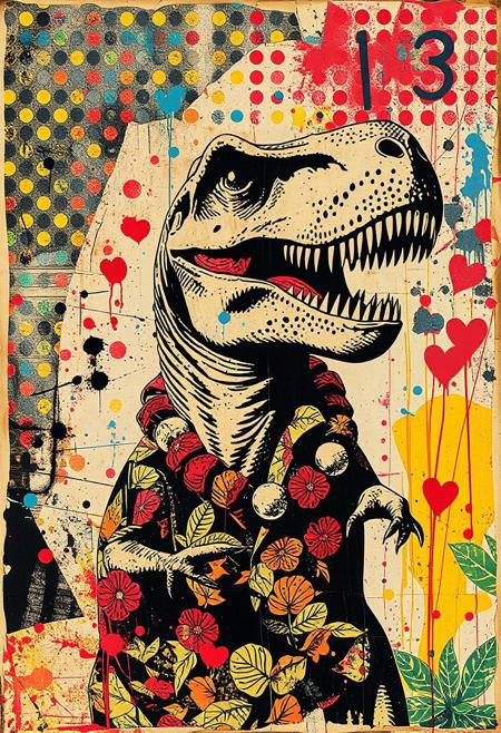A pop art mixed media collage artwork style of Butcher Billy. Deconstructed, provocative, surreal, intense and chaotic composition. Street art textures, overlapping layers and vibrant retro colours. 
A punk stencil photocopy print of a magazine image of a friendly tyrannosaurus rex wearing a patterned Hawaiian shirt and lei flower necklace.
Print errors, halftone dots. grungy ink marks, and print registration errors. 
Overlaying this are multiple layers of hand-drawn shapes and patterns, bold paint splashes, and chaotic magazine picture cutouts and clippings of Moai tiki heads, monstera leaves and lei necklaces.
On top of this and partially covering it are layered sections of repetitive randomly coloured dots spraypainted in Yayoi Kusama style - smears and spray. Torn vintage photos of hula girls glued to the layers.
These, along with layers of paint splattered and dripping break up the outline. On the top layer are rough hand-drawn shapes, abstract patterns and love hearts scrawled heavy-handedly in blue biro and Sharpie marker. Text "13"