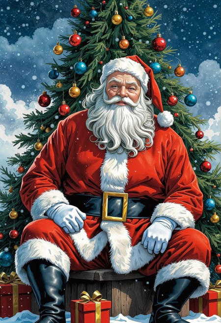ASCIIClose-up comic book illustration of a Santa Claus, winter coat, sits in front of a Christmas tree in the snow, cloudy sky, Masterpiece by (Marc Davis:1.36), best quality, 4k textures, ultra detailed