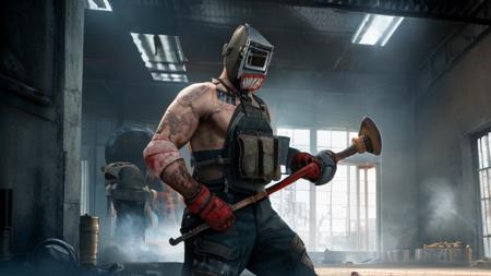 1man, (welding mask:1.3), (holding twohanded hammer:1.3), UFC red gloves, (assault vest:1.1), best quality, masterpiece,russia, brutal, brutalism, muscles, powerfull, active pose, russian, gopnik, prisonery, factory background, noir, epic, dramatic light,  realism, 8K, HDR, escape frome tarkov, <lora:Tagilla_V01:0.85>