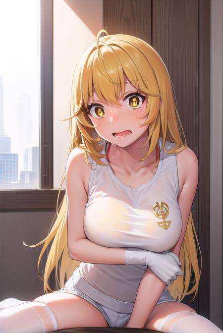 misakishokuhou, <lora:misakishokuhou-lora-nochekaiser:1>, 
misaki shokuhou, blonde hair, hair between eyes, long hair, (symbol-shaped pupils:1.5), (yellow eyes:1.5), (medium breasts:1.2), <lora:yudedako_v100:1>, embarrassed, <lora:surprised_v100:1>, <lora:wavymouth_type3_v100:1>, open mouth,
BREAK bare shoulders, gloves, gym shirt, gym shorts, gym uniform, shirt, short shorts, shorts, sleeveless, sleeveless shirt, thighhighs, tokiwadai school gym uniform, white gloves, white shirt, white shorts, white thighhighs,
BREAK looking at viewer, upper body,
BREAK outdoors, city,
BREAK <lora:GoodHands-vanilla:1>, (masterpiece:1.2), best quality, high resolution, unity 8k wallpaper, (illustration:0.8), (beautiful detailed eyes:1.6), extremely detailed face, perfect lighting, extremely detailed CG, (perfect hands, perfect anatomy),