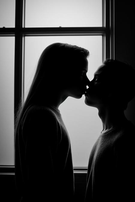 Black and white image, monochrome.
Side view. Open shot.
man and woman, fucking, against the wall, silhouettes shadowed by the contrast of light and dark. The only source of illumination is a beam of light through a large window in the background.
realistic, HD, noir film