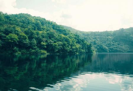 "Create a serene landscape where one-third of the scene is occupied by a calm, reflective water surface. The remaining two-thirds should be filled with a dense, lush forest. The water should mirror the trees and sky, with clear reflections. The forest is vibrant with greenery, and there should be a natural transition between the water and the trees. The sky above is bright, with soft clouds scattered across it. The perspective is from the edge of the water, looking out across the forest and sky, with no waterfall visible."<lora:MoriiMee_Gothic_Niji_Style_FLUX:0.3500000000000001> <lora:AsirAsianPhotographyflux:0.7000000000000002>