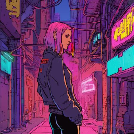 high-quality artwork in jmst artstyle of a woman with medium-length colorful hair standing under a glowing neon sign in a cyberpunk city alleyway