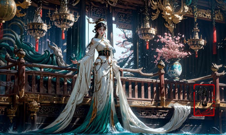 Dark and majestic Chinese palace background at night, waves and swirls of emerald color, a beautiful girl standing in the palace, the center of the sea, traditional Chinese costume jewelry,
elaborate costumes, full body photos, traditional costumes, eye - catching details, the best quality
<lora:~Q?-v[ palace background:0.9>