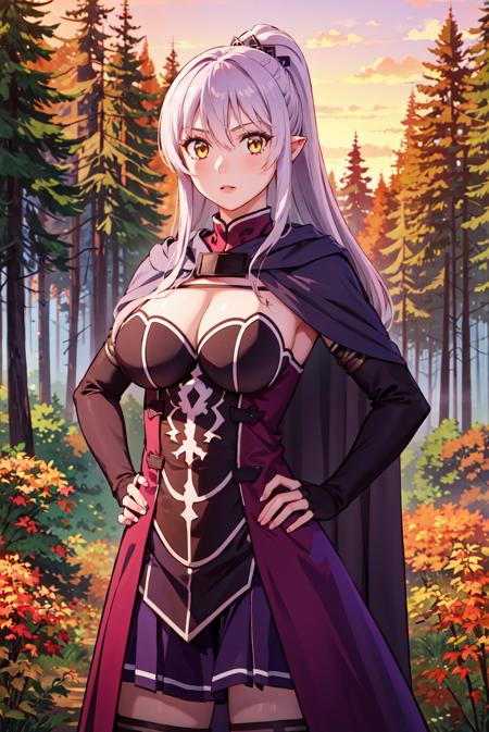 aariane, hair ornament, long dress, plate, fingerless gloves, thighhighs, miniskirt purple cape, belt pouch