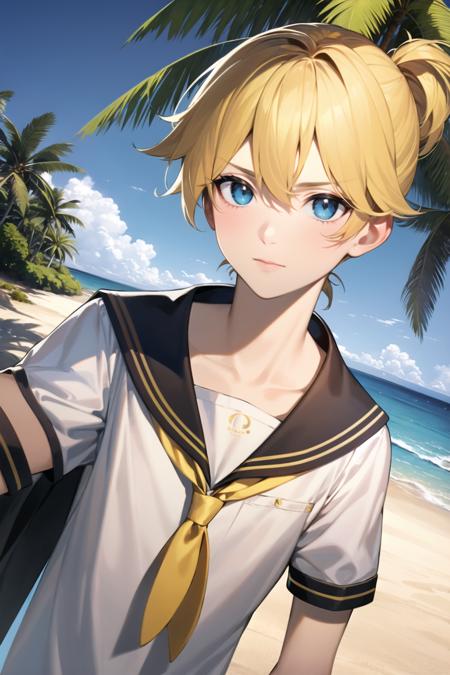 masterpiece, best quality, <lora:KagamineLenV1:0.6>, 1boy, sailor_collar, Kagamine_Len, yellow hair, (8k:0.7), (detailed Background of a beach:0.7), palm tree, sand, (realistic),