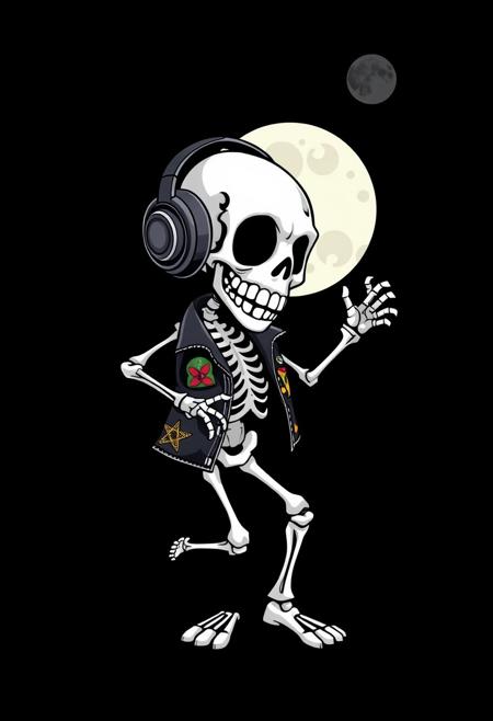 Ready design for printing on a t-shirt. On a black background. A cartoon skeleton wearing headphones and a leather jacket with patches is dancing under the moonlight. The skeleton has white teeth and is depicted in a hyper-realistic, white background, high-resolution style.