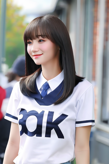 ((masterpiece)), (best quality), detailed, (8k), photorealistic, best quality, 1 girl, shirt, looking at viewer, ((t-shirt)), school uniform, school background:1.4, school Girl, upper body <lora:Yubin-01:1>