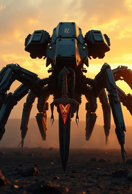 The hyper detail, sci-fi, robotic spider armed Arachnida war machine, the colossal war machine, StarCraft prostoss Colossus inspired machine. the 6 joined-led, the armor body, guns, turrets. Moving on the chaos field background at dawn. His head is marked with runes, body sword hangs on hand, glowing faintly with enchanted, golden runes. detail background, straight on angle shot, Full body shot, closed-up, ultra-realistic 32k resolution, official art styled digital painting, intricate armor engravings catching realistic lighting, film grain texture overlay, reversal film effect, high quality, detailed realistic background with scattered futuristic debris, shadowed craters, misty atmosphere, cinematic.