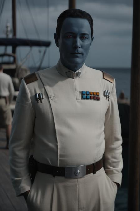 cinematic film still thrawn wearing linen henley and linen jogger shorts leaning, angry scowl at dock, full body shot, highly detailed environment <lora:Grand_Admiral_Thrawn_XL:0.8> . shallow depth of field, vignette, highly detailed, high budget Hollywood movie by j.j. abrams, bokeh, cinemascope, moody, epic, gorgeous, film grain, grainy