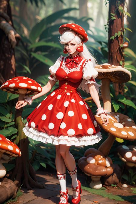 mushydress, dress, standing, full body, short sleeves, frills, puffy sleeves, red bow, puffy short sleeves, red dress, polka dot, white socks, red footwear, mushroom, platform footwear, polka dot dress, polka dot legwear,