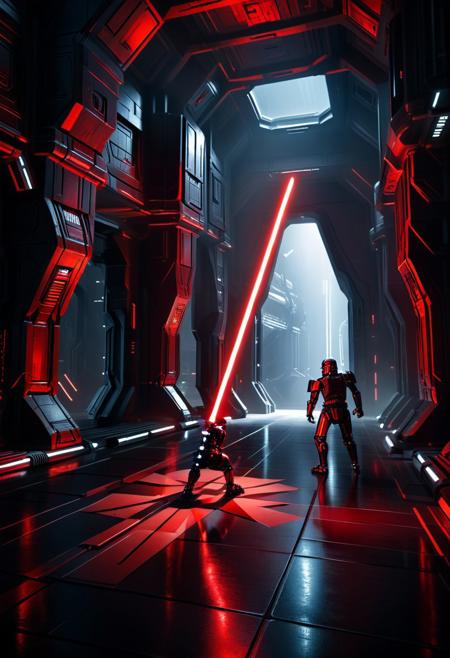 score_9, score_8_up, score_7_up, score_6_up, score_5_up, score_4_up, (absurdres, best quality, masterpiece:1.4), illustration, photorealistic, cinematic lighting, dynamic angle, perfect composition, red and black markings, advanced armor, robotic enhancements, double lightsaber, dark tech, dimly lit fortress, shadows, powerful aura, high-tech environment