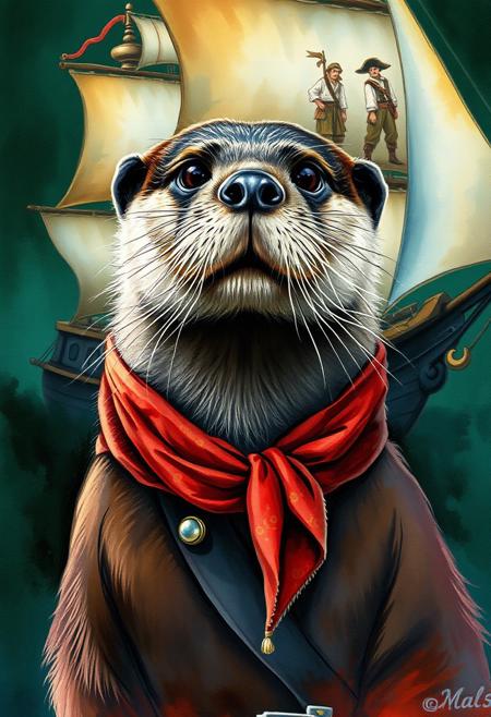 an otter, dark brown fur, black eyes eyes, short sleek fur, wearing an old fashioned pirates outfit with headscarf, old fashinoned sailing ship with human pirates in the background, triadic colors, vibrant colors, complex background, (watercolor painting:3), High detail, rich, intricate details, dark green background, night, natural realistic face proportions