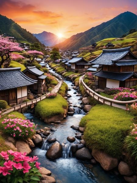 Ink painting world,landscape image of a tiny stream flowing through a beautiful small japanese village in the mountains,tiny bridges,nature,flowers,3d ink painting style,sunset,panorama,low angle,tilted horizon,cinematic lighting,