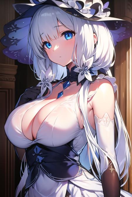 illustrious, <lyco:illustrious-LYCORIStest:1>, 
illustrious, blue eyes, hair ornament, hair ribbon, long hair, mole, mole under eye, white hair,
BREAK dress, elbow gloves, gloves, hat, ribbon, white dress, white gloves, white headwear,
BREAK looking at viewer,
BREAK outdoors,
BREAK <lora:GoodHands-vanilla:1>, (masterpiece:1.2), best quality, high resolution, unity 8k wallpaper, (illustration:0.8), (beautiful detailed eyes:1.6), extremely detailed face, perfect lighting, extremely detailed CG, (perfect hands, perfect anatomy),