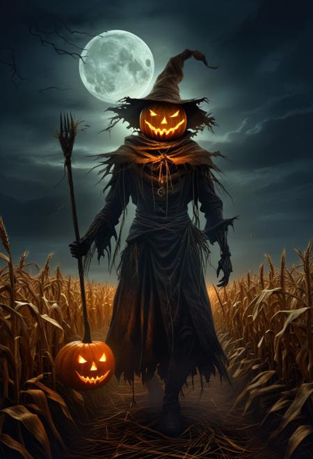 Dark Fantasy Art, Dark Moody Atmosphere, A menacing pumpkin-headed scarecrow looms in a moonlit cornfield, wielding a rusted pitchfork. Eerie orange light flickers within its carved grimace. Tattered robes billow in the autumn wind. Mystical runes glow on its straw-stuffed body, evoking ancient harvest rituals., dramatic, mysterious, dark moody atmosphere, dark, moody, dark fantasy style