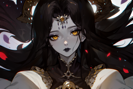 <lora:Endsinger_FFXIV:0.7> Endsinger, (masterpiece, best quality, ultra-detailed, highres), perfect face, sidelighting, lustrous skin,(bloom), (shine), lighting, ray tracing, sci-fi,1girl, black lips, wings, head wings, solo, black hair, long hair, purple lips, feathered wings, looking at viewer, colored skin, white skin, portrait, skull, multiple wings, yellow eyes, hair intakes, pale skin, makeup, headpiece, depth_of_field,very detailed background, highly detailed background, Masterpiece, Ultra detailed, great composition,Dynamic angle,extremely delicate and beautiful,(Highest picture quality), (Master's work),   depth of field, solo, extreme light and shadow, masterpiece, rich in detail, (fine features), (highest quality), (masterpiece), (detailed eyes), (beautiful) detailed,beautiful detailed eyes,(straight-on), upper body, cyberpunk:1, flower petals falling, (extremely detailed CG unity 8k wallpaper),(masterpiece), (best quality), (ultra-detailed), (best illustration),(best shadow),perfect lighting , perfect anatomy , vivid colors,  (masterpiece),