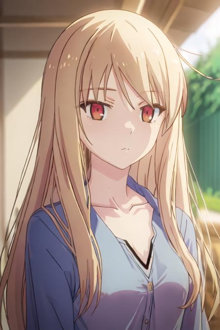 best quality, masterpiece, highres, solo, {shiina_mashiro_sakurasounopetnakanojo:1.15}, blonde_hair, long_hair, red_eyes, brown_eyes, 1girl, bangs, closed_mouth, collarbone, looking_at_viewer, shirt, upper_body, expressionless, indoors