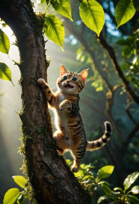 amazing quality, masterpiece, best quality, hyper detailed, ultra detailed, UHD, perfect anatomy, dof,  awesome, inspiring,  Expressiveh, realistic, high quality, 4K, absurd resolution, incredibly detailed, masterpiece, sharp, a beautiful small cat  dancing on tree, amazon jungle, extremely detailed, no humans, extremely detailed scales, sunlight, realistic, high quality, detailed, shadows, glowing, bright colors, high contrast, vivd lighting, cinematic composition, soft shadows, national geographic style,