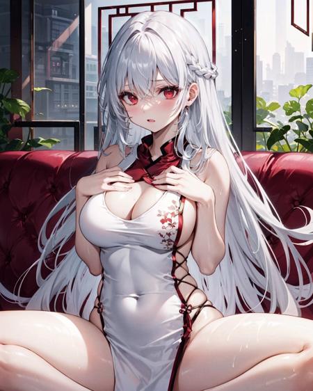 china dress, red eyes, 1girl, long hair, solo, white hair, very long hair,  large breasts, cleavage,  indoors,  , collarbone, bare legs, spread legs,    <lora:ChinaDressSideless:0.9>,hand on own chest, bare arms, ass,