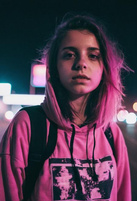 go pro photo, half body,1girl, 25 y.o. , night , bright clothes 90's, grainy photo, analogue glitch effect, emo, black and pink colors in clothes