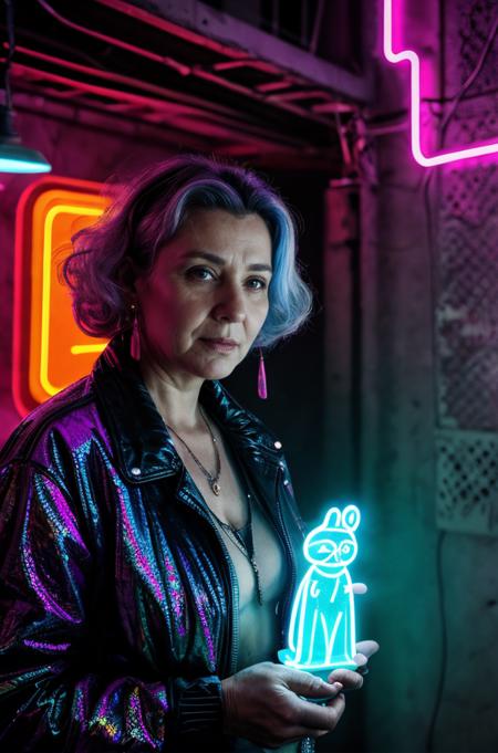 Portrait Photo of a Cyberpunk Yugoslavian Grandma, Amidst Neon-lit Ruins, with a Holographic Pet by Her Side, Shot from a Low Angle, Capturing Her Grit and Wisdom  <lora:more_details:0.6>