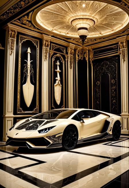 a Lamborghini Temerario concept car carved from ebony and ivory, scrimshaw style, highly detailed bodywork, intricate engravings, black and white contrast, bone and wood textures, elegant and surreal design, ultra-luxury aesthetic, hyper-realistic reflections, aerodynamic shape, dramatic studio lighting, futuristic yet classical fusion, sdxl style, highly reflective surfaces, carved ebony panels, ivory inlays, on a dark reflective showroom floor, with subtle ambient lighting