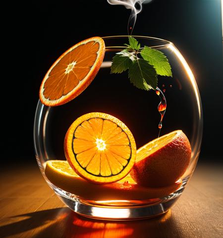 abstract, photorealistic, Food fruit in glass with orange, LIQUID SPLASH, 3D BEEPLE STYLE, 8 k, 32 k, HDR, realistic, smoke