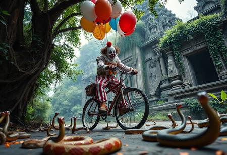 high quality, detailed, beautiful, masterpiece, correct anatomy, anatomically correct, detailed, realistic, masterpiece, complex shadows, intricate details, high quality, hi res, best quality, a clown is riding a bicycle, the bicycle the clown is riding is made of balloons, there are thumbtacks on the ground, there are many cobra snakes on the ground, the clown is trying to avoid the thumbtacks, the clown is nervous, scared, sweating heavily, low angle, looking up, view from bellow, jungle, temple, granite wall, vines, vivid colours,