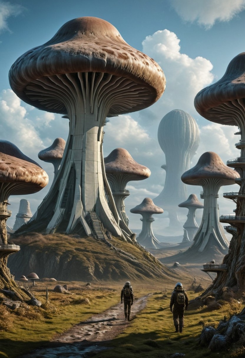 atomic-age landscape,  no humans, futuristic scifi mushroom like buildings