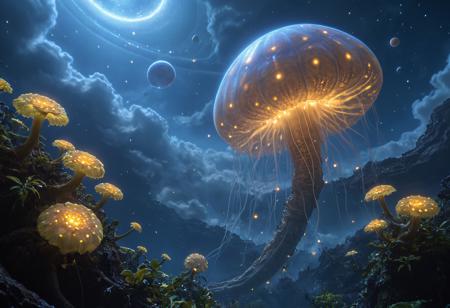 Inside the atmosphere of a gas giant planet, towering clouds of yellow and brown, floating alien plants, flying alien creatures, floating gas bag creatures, detailed gas giant ecosystem, intricately detailed, light shining through the cloud. Bioluminescence, luminous, nature
