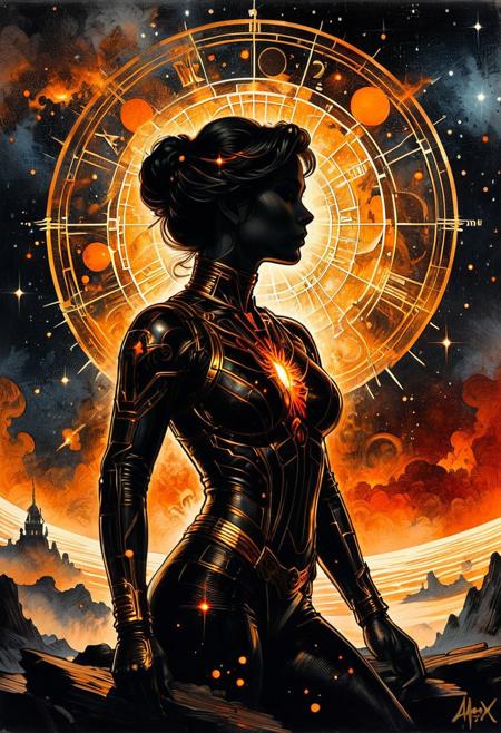 Silhouette Art of a woman, breathtaking detailed, masterpiece, lovely, charming, awe-inspiring, radiant, magnificent. (all dark hues and fine vibrant orange glowing smoldering accent and shiny gold color scheme:1.02). glossy.
<lora:InkArtXL_1.2:0.4> <lora:FaeTastic:0.35> . award-winning, professional, highly detailed . extremely high-resolution details, photographic, realism pushed to extreme, fine texture, incredibly lifelike, high contrast, well defined .  (in the style of Frank Frazetta painting) Dean Cornwell, design, 1970s, Russian Constructivist style, double exposure, volumetric lighting, expressive, ancient starchart, ink spattered background, warm colors, space, art deco, splatter, Japanese Woodblock print, planar rectilinear shapes, extreme energy, dynamic posing, Dutch angle, black, Crimson<lora:xl_more_art-full_v1:0.3>