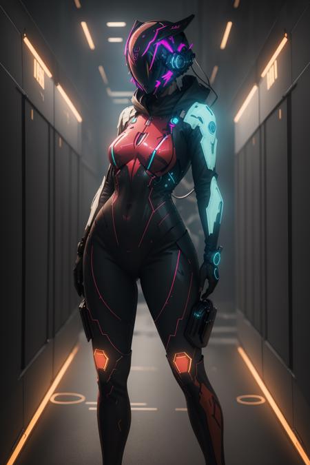 ((best quality)),absurdres,(ultra high res),octane render, girl, mechanical bodysuit, cyber helmet, red suit, (8k), (Masterpiece), (cinematic lighting), <lora:Mechsuit:0.85>