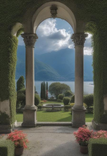 A view of Lake Como from an old Italian villa with columns and arches, flowers in white on each side of the arched doorways, the dramatic and cloudy sky with sun rays shining through, mountains visible across the water,