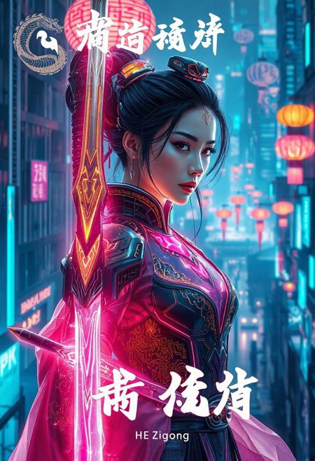 Cinematic cyberpunk poster of a female warrior named He Ziqiong, fusion of futuristic cyber technology and traditional Chinese culture. She wears sleek, high-tech armor with glowing neon circuit patterns and intricate golden Tang dynasty motifs, combined with flowing translucent hanfu fabric that flickers with digital holograms. Her hair is styled in an elegant traditional bun, enhanced with neon-lit metal hairpins and cybernetic implants on her temples. She holds a radiant jade sword with electric sparks crackling along the blade. The background is a sprawling neon-lit cityscape with towering skyscrapers, holographic dragons swirling around, and floating digital lanterns. The color palette is dominated by electric blues, vibrant pinks, and rich gold highlights, with strong contrasts of light and shadow. Dramatic cinematic lighting, rain-soaked streets reflecting neon glows. Chinese calligraphy style title "真武战记" and character name "何子琼" integrated organically into the design with glowing neon strokes. Hyper detailed, ultra realistic, 8k, sharp focus, poster art
