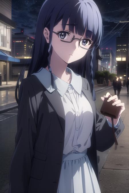 setsunashimazaki, <lora:setsuna shimazaki s1-lora-nochekaiser:1>,
setsuna shimazaki, long hair, bangs, (black eyes:1.5), black hair, braid, glasses, blunt bangs, twin braids, semi-rimless eyewear, under-rim eyewear,
BREAK shirt, blue shirt, collared shirt, cardigan, yellow cardigan, skirt, blue skirt,
BREAK outdoor, city, night, sky, buildings, moon, clouds,
BREAK looking at viewer, (cowboy shot:1.5),
BREAK <lyco:GoodHands-beta2:1>, (masterpiece:1.2), best quality, high resolution, unity 8k wallpaper, (illustration:0.8), (beautiful detailed eyes:1.6), extremely detailed face, perfect lighting, extremely detailed CG, (perfect hands, perfect anatomy),