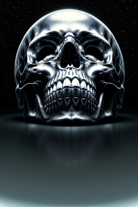 A close-up photorealistic image of a crystallic floating skull facing the viewer with its mouth open, pouring from it's mouth a shimmering liquid resembling the universe onto the ground, filled with rich stars and swirling galaxies. A simple void background enhances the dark atmosphere, shrouded in fog, capturing the hypnotic flow and shimmer of the cosmic liquid, dutch view,