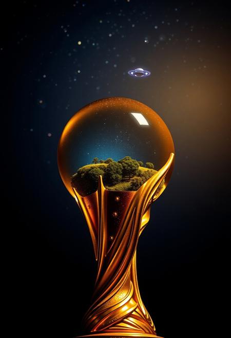Against a dark background, inside the crystal ball of a golden World Cup trophy was an unreal world. In the deep blue night sky, dotted with stars, a small UFO stopped in the distant sky.