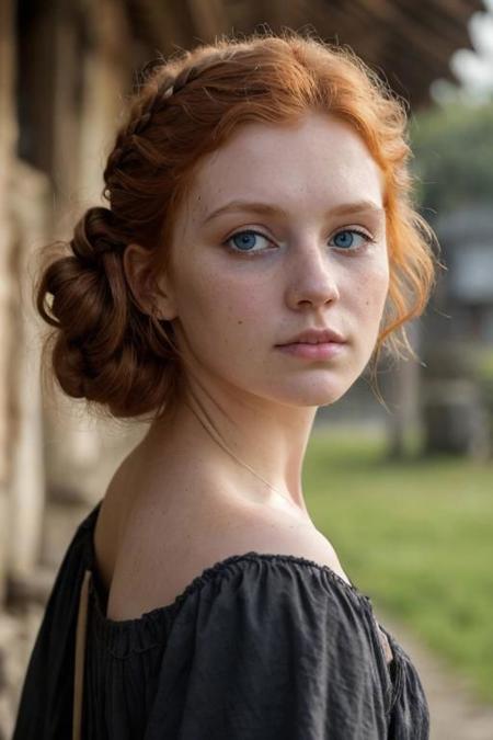 full shot photography of a pretty ginger irish girl, in the 18th century, blue eyes, messy victorian updo hairstyle, curly locks of hair pending over her shoulders, wearing a (dirty filthy ragged used pirate outfit:1.2), looking around her, detailed face, detailed hands, indecent dynamic pose, (angry rebelious smug expression:1.2), outside a tavern in an indonesian rustic fisher village, exquisite natural backlighting, dim light, rim light, low key, soft shadows, depth of field, photorealistic, analog film grain, rule of thirds, golden number, 8K, masterpiece