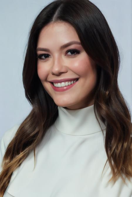 Photo of beautiful v1t0r1a5tr4d4 woman, detailed face, (blurred background)+, white turtleneck blouse, analog film grain, smile, makeup+