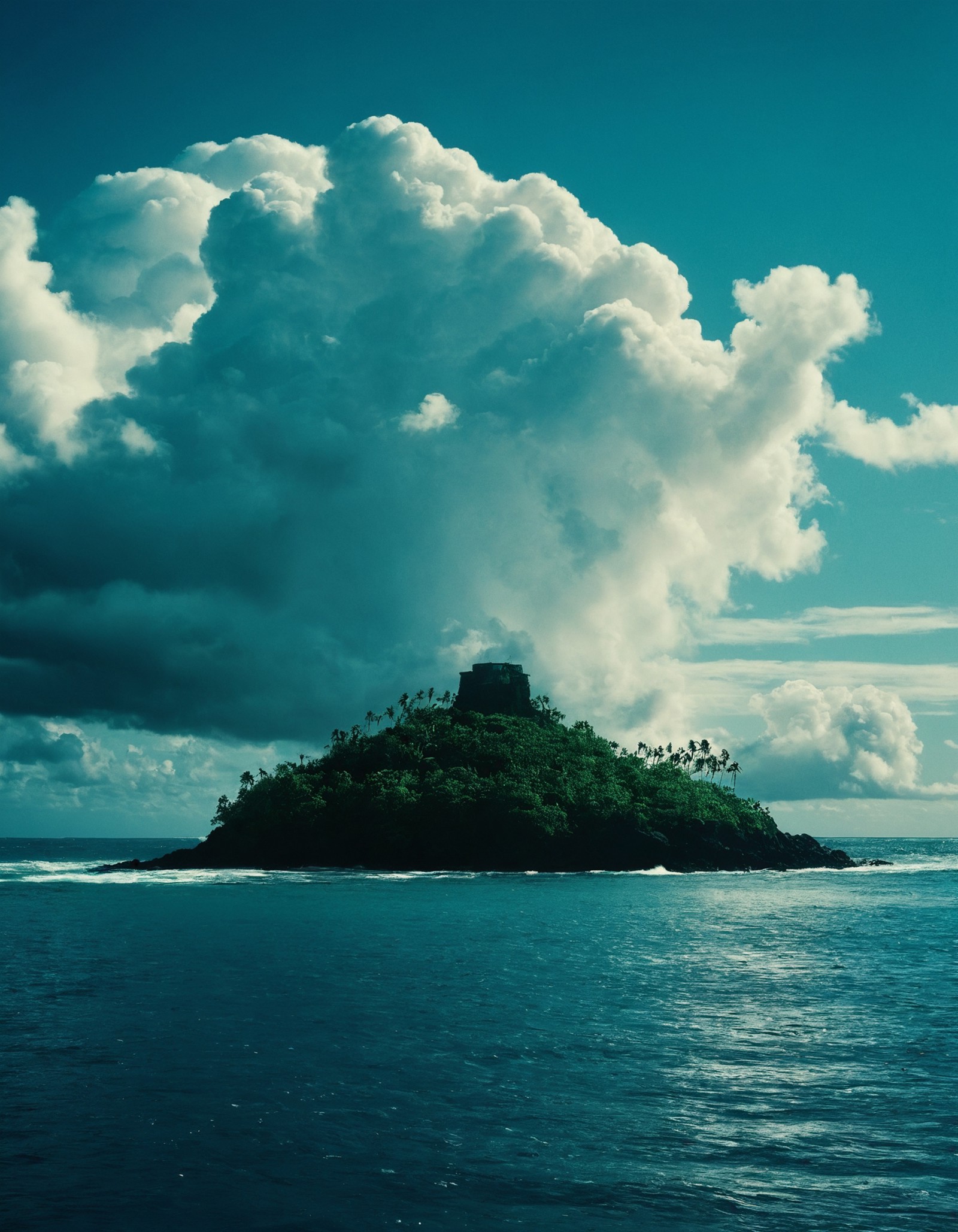 movie still, ocean, clouds, island, epic, film grain