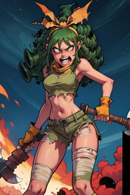 1girl,  long hair,  gloves,  holding,  weapon,  comic,  green hair,  teeth,  fingerless gloves,  torn clothes,  4koma,  parody,  tiara,  angry,  axe,  holding axe,