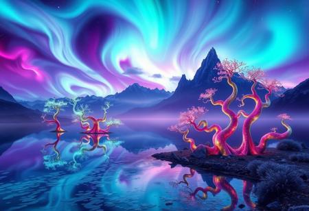 A breathtaking scene of a surreal landscape that blends the beauty of nature with abstract, dreamlike elements. The foreground features a crystal-clear, reflective lake that mirrors a sky filled with vibrant, swirling auroras in shades of purple, blue, and green. On the shore of the lake, unusual, glowing trees with twisted, spiraling branches reach out towards the heavens, their leaves shimmering in a spectrum of colors. In the distance, towering, otherworldly mountains with jagged peaks rise into the sky, partially obscured by wisps of ethereal mist. The entire scene is bathed in a soft, glowing light that enhances the vivid colors and gives the image a mystical, almost otherworldly feel. The horizon is a mix of deep purples and blues, creating a sense of infinite depth and wonder