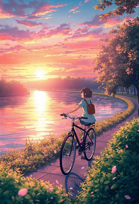 Vertical 9:16 cinematic anime scene, anime girl riding a bicycle along a riverside path during sunset, vibrant colors reflecting off the water, small petals flying in the wind, lush green bushes in the foreground, dreamy anime pastel look, very dynamic composition.