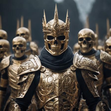skeleton king in golden armor with skeleton army behind him, full color, cinematic light, dynamic composition, dramatic atmosphere, elegant, highly detailed, extremely scientific, sharp focus, inspired, colorful, artistic, fine detail, epic, stunning, perfect, surreal, beautiful, intricate, amazing, symmetry, illuminated background, professional, winning, best, pure, ambient, creative 8k uhd, dslr, soft lighting, high quality